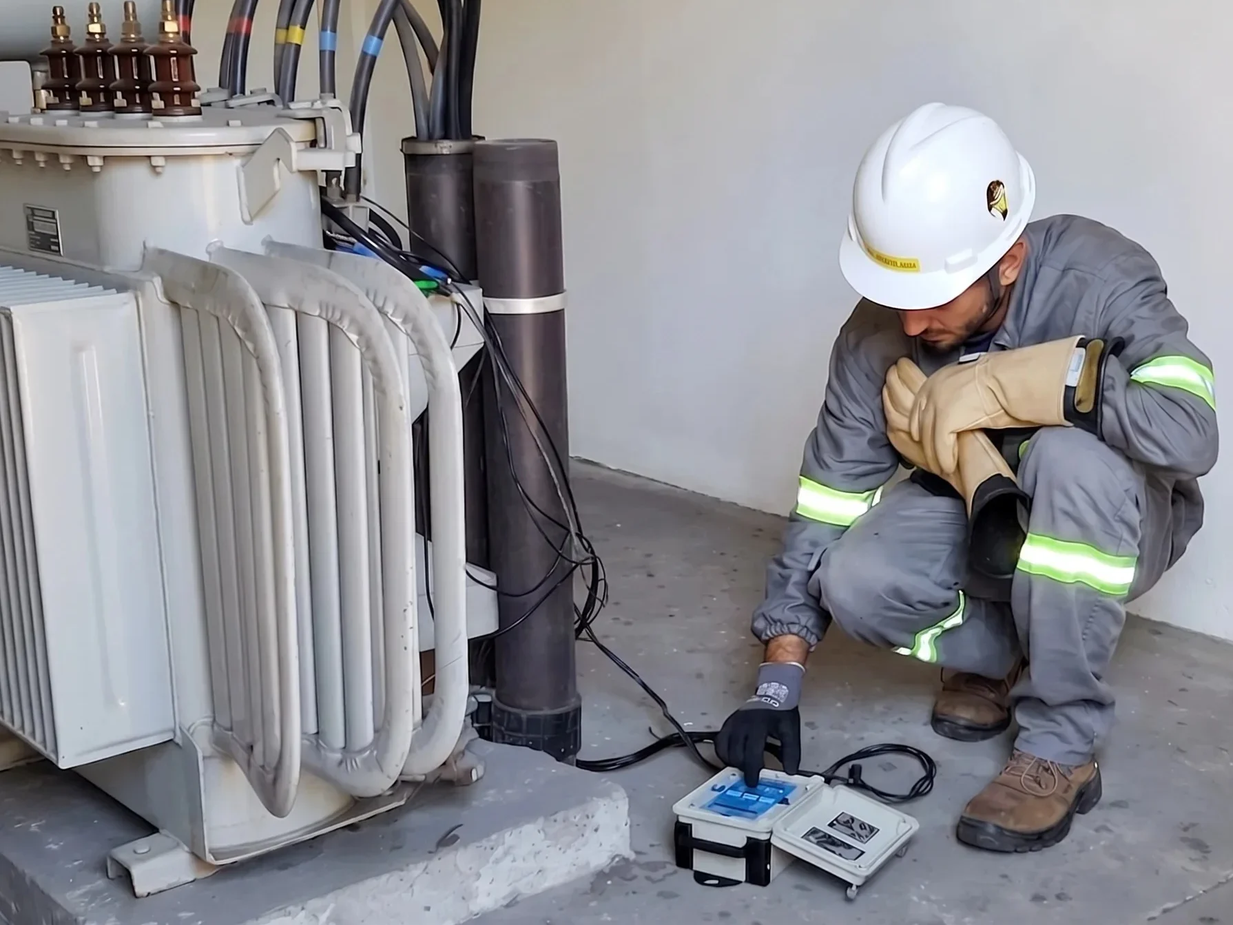 Técnico da Primo's realiza análise de energia em transformador para serviços de diagnóstico em subestação