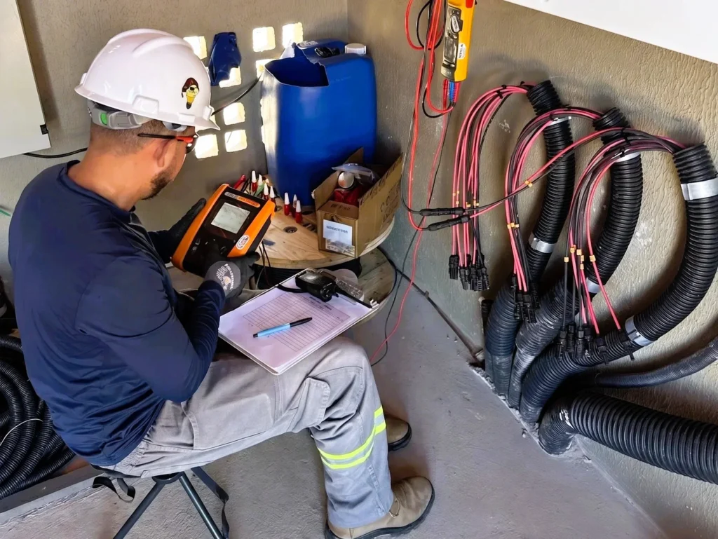 Técnico da Primo's realizando o comissionamento do sistema fotovoltaico para implantação do Sistema Zero Grid