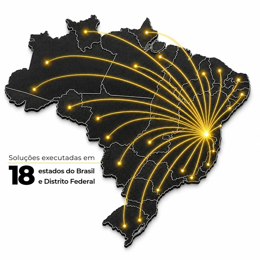 Mapa do Brasil ilustrando soluções de engenharia elétrica executadas pela Primo's em 18 estados e Distrito Federal.