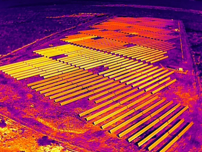 Soluções Inspeção por termografia aérea em usina fotovoltaica de grande porte, mapeando o perfil térmico dos módulos solares.